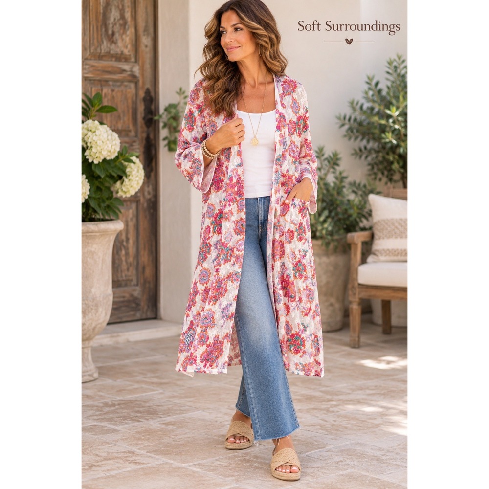 Soft Surroundings Pink Floral Embroidered Mesh Longline Cardigan XL Cross Stitch